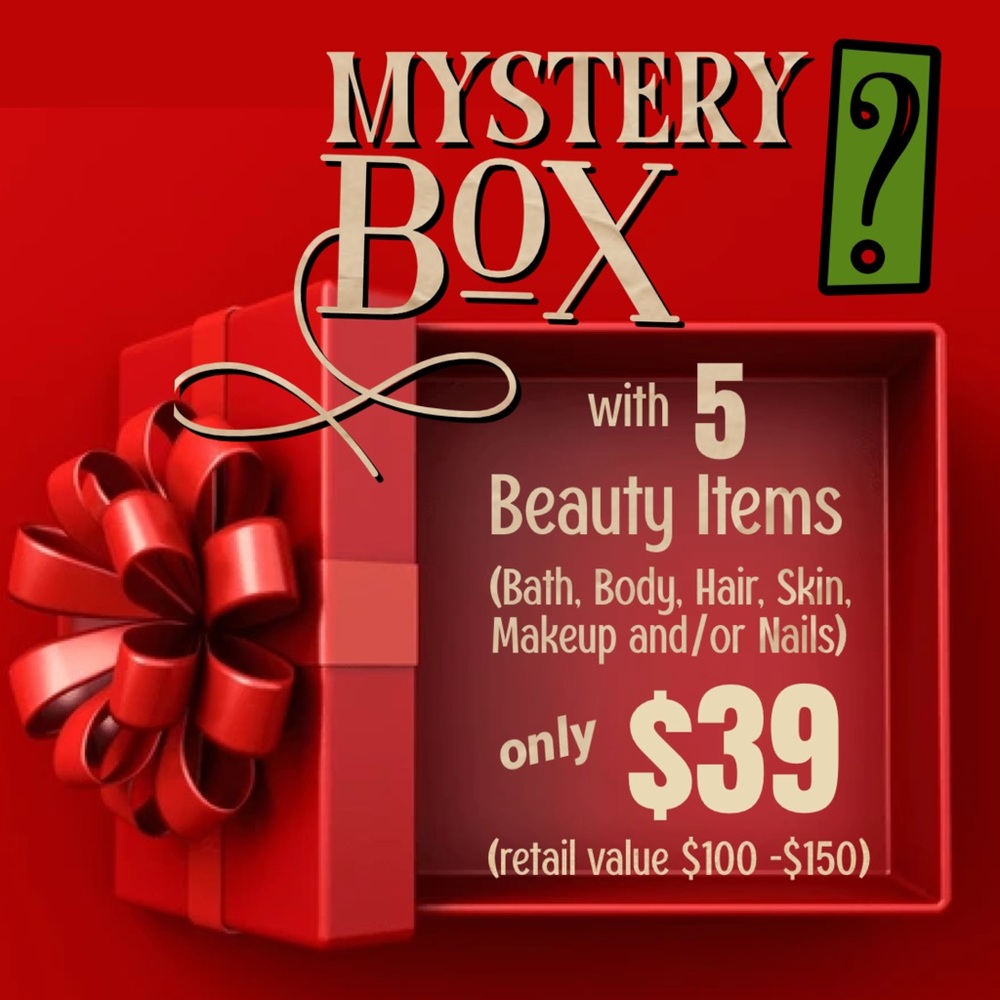 MYSTERY BOX W/5 BEAUTY ITEMS ONLY $39 (RETAIL $100-$150). ALL GIFT WRAPPED 🎁